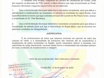 Pedido de Providência nº 001/2020 de autoria do Vereador Rudimar Banaletti. 